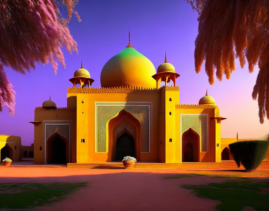 Vibrant yellow mosque with green dome and pink foliage at sunset