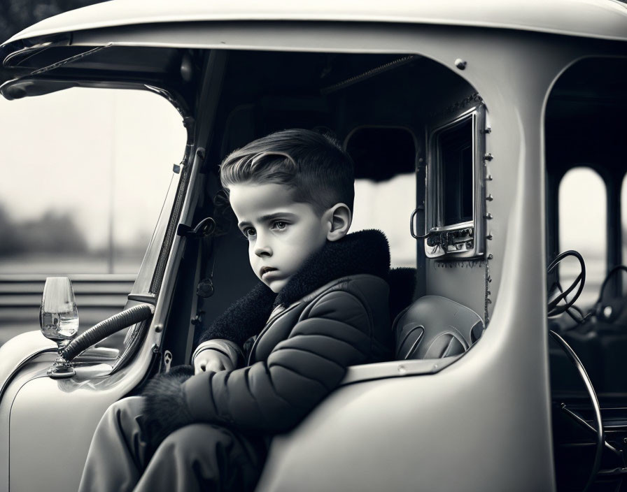 Monochrome image of pensive young boy in vintage car