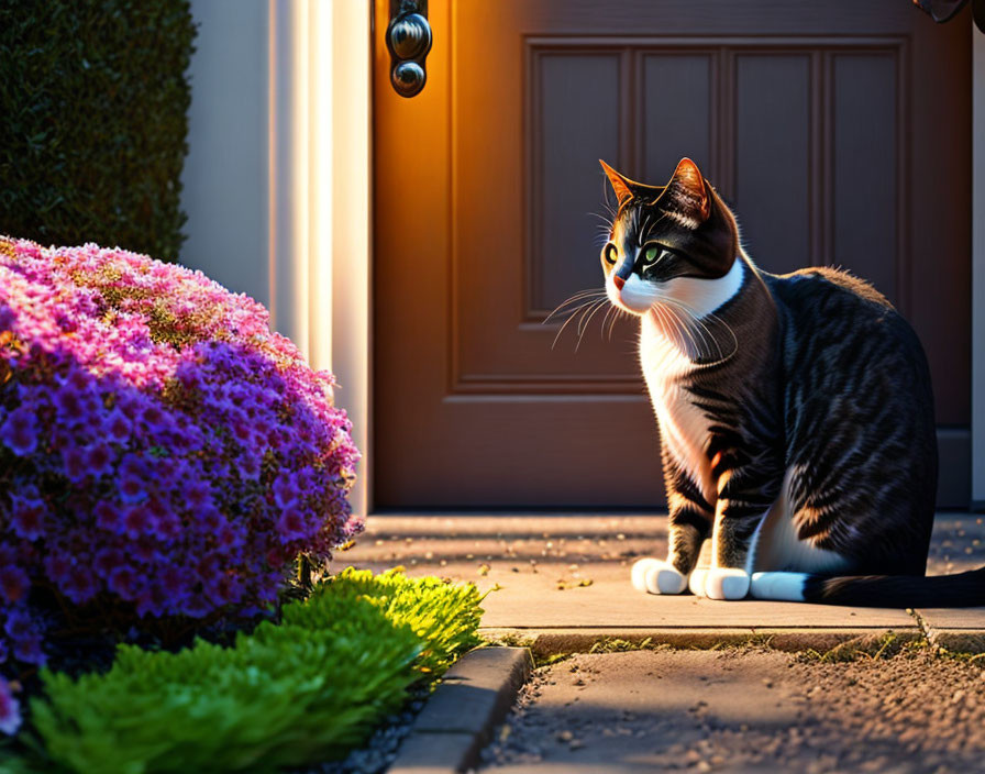 Cat sitting on porch next to vibrant purple flowers in warm sunlight