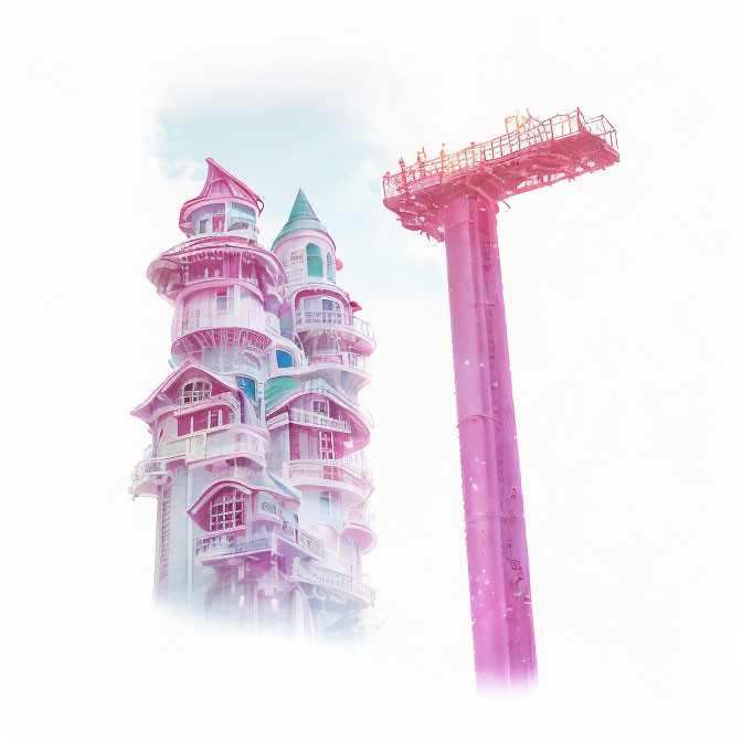 Pastel Pink and Purple Fairy-Tale Castle and Tower Ride in Dreamlike Setting