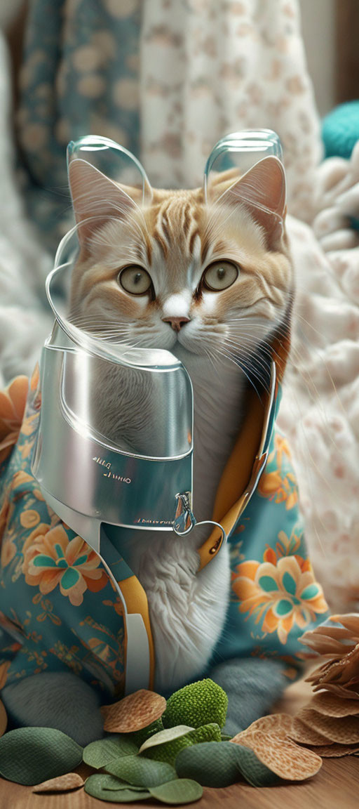 Cat wearing heart-shaped glasses, floral shirt, holding silver bucket