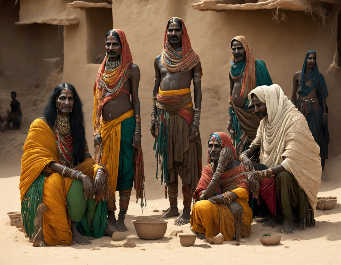 Group of individuals in colorful traditional attire with distinctive jewelry and markings in desert setting