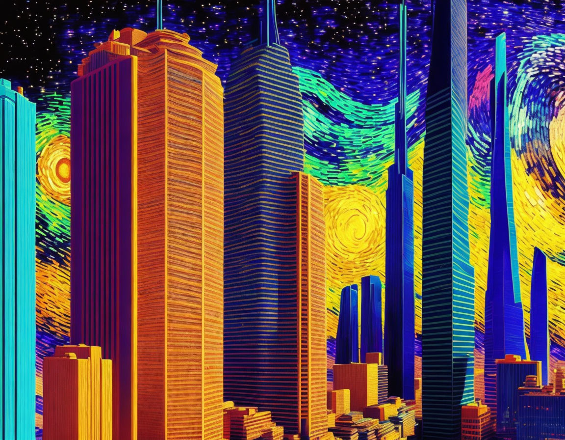 Stylized cityscape with Van Gogh-inspired starry night sky