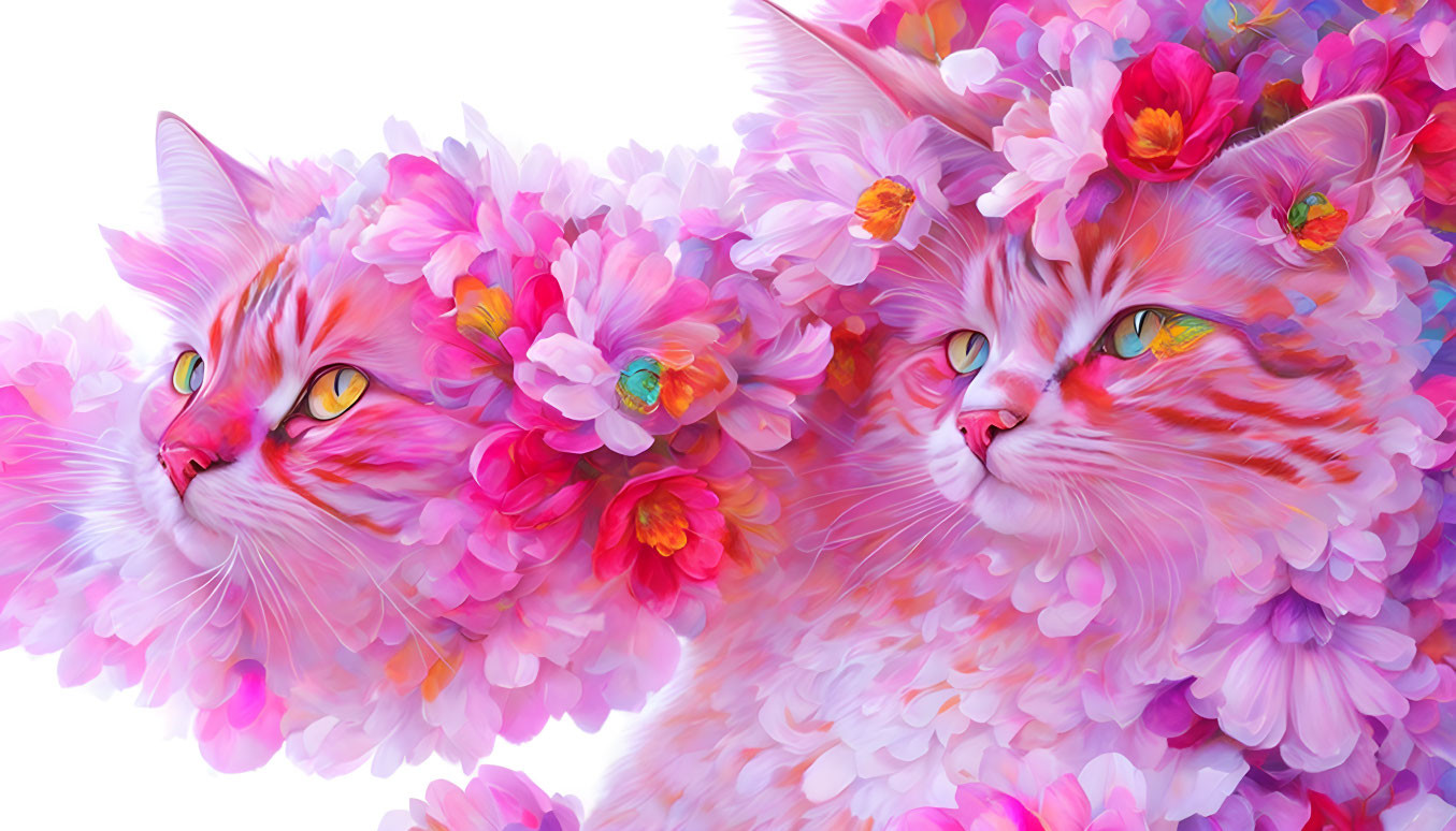 Stylized pink cats with floral patterns on white background