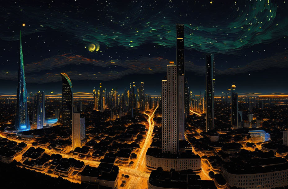 Surreal night cityscape with luminous buildings and crescent moon