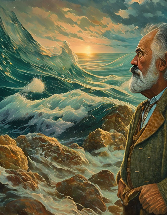 Elderly man with white beard gazing at ocean sunset