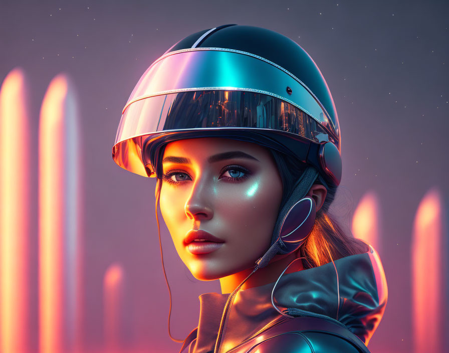 Futuristic digital artwork of woman in cyberpunk attire