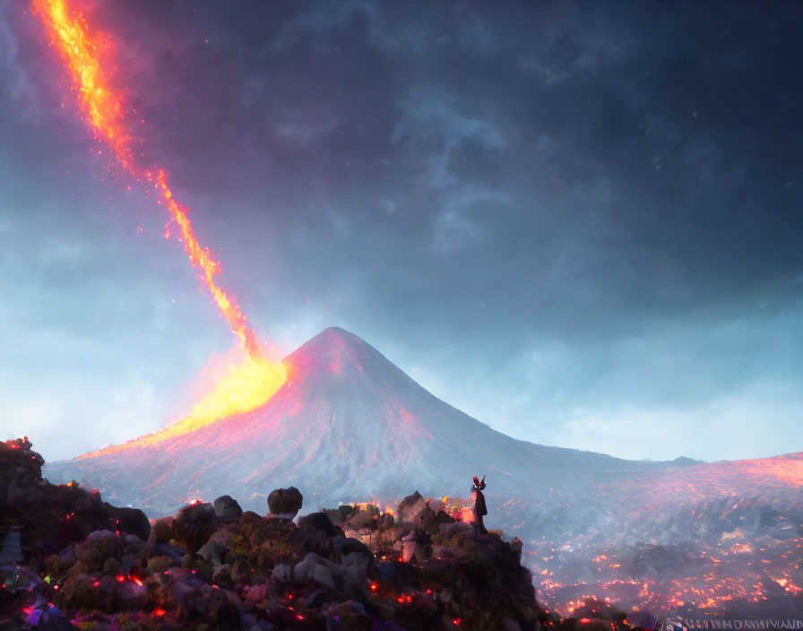 Dramatic volcanic eruption with fiery lava flow and silhouetted observer