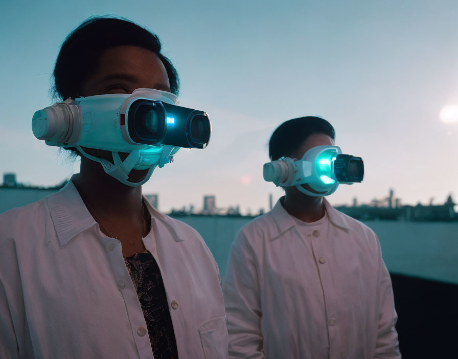 Two people in white outfits with virtual reality headsets under twilight sky