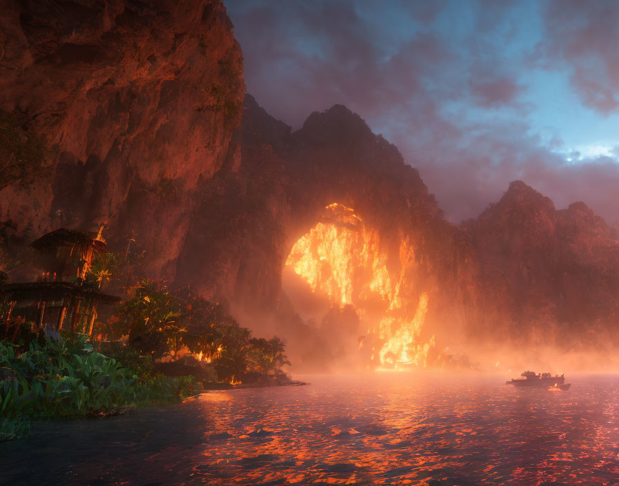 Tranquil river scene at dusk with boat, lush foliage, and warm cave glow