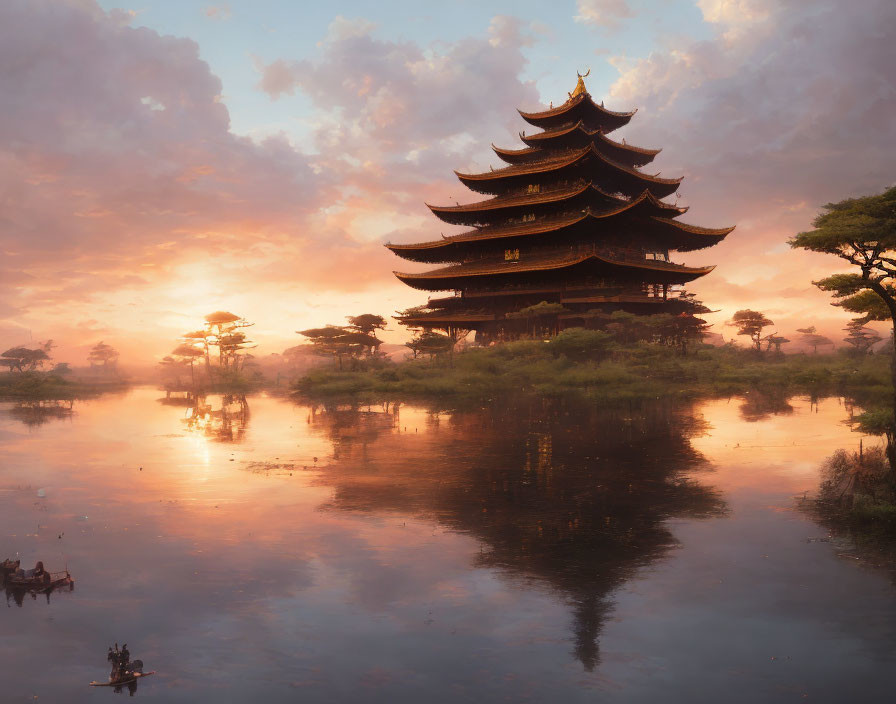 Traditional pagoda reflected in serene sunrise over calm lake