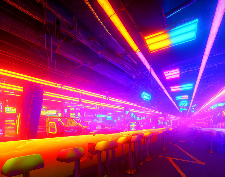 Neon-lit futuristic arcade with pink and blue lights, gaming cabinets, and stools