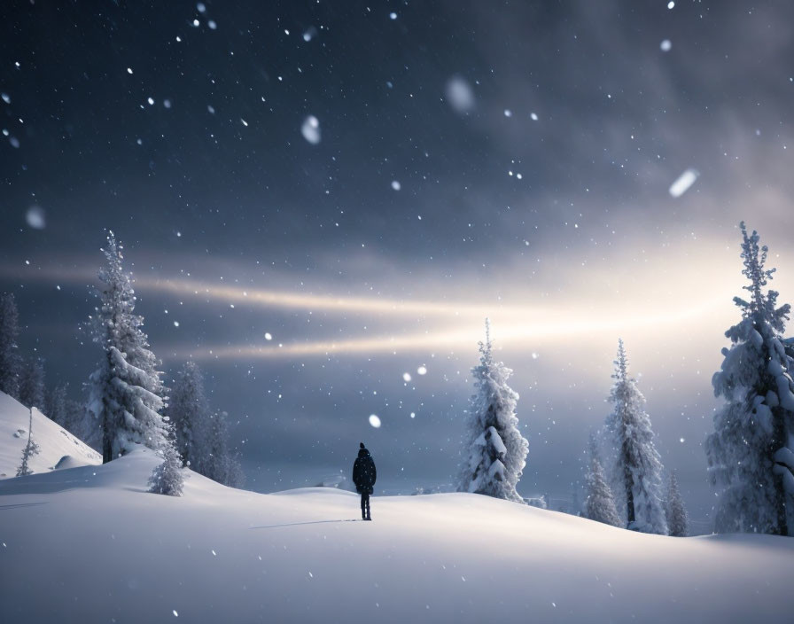 Lonely figure in snowy night landscape with soft glow and falling snowflakes