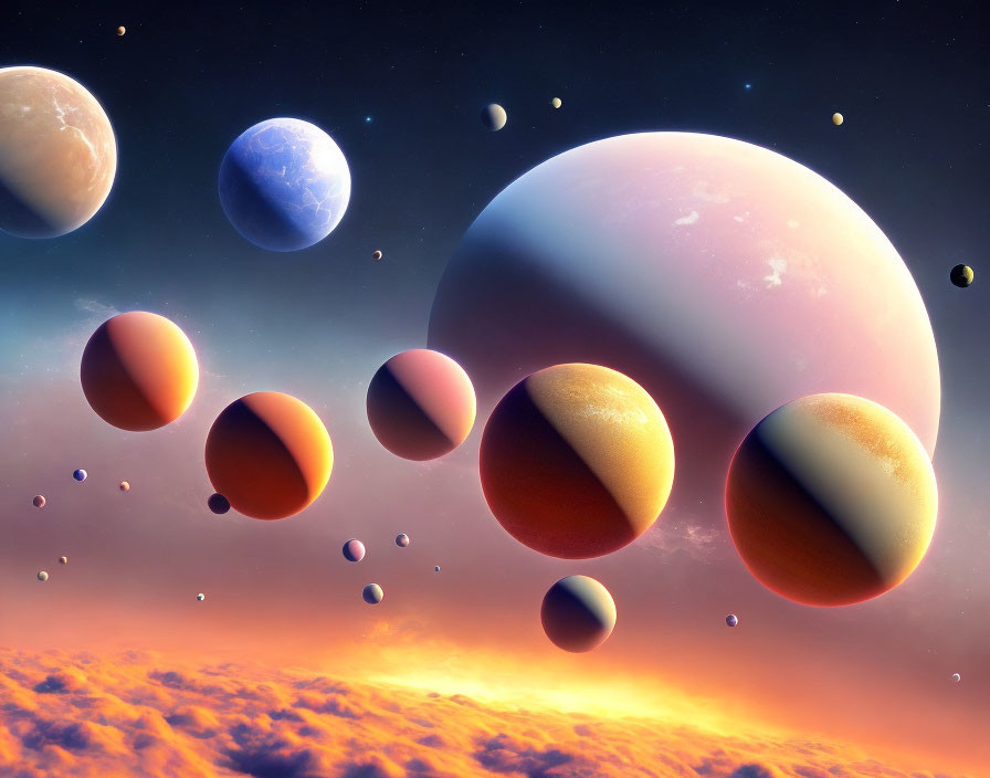 Multiple planets in surreal cosmic scene with vibrant orange and blue sky