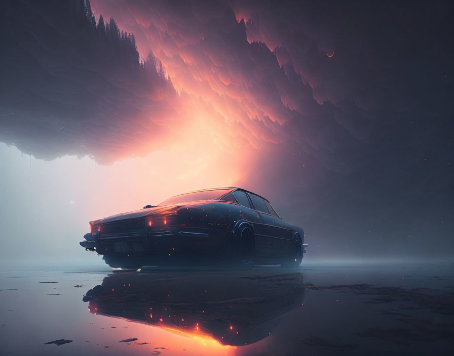 Vintage Car Parked Under Surreal Clouds at Twilight