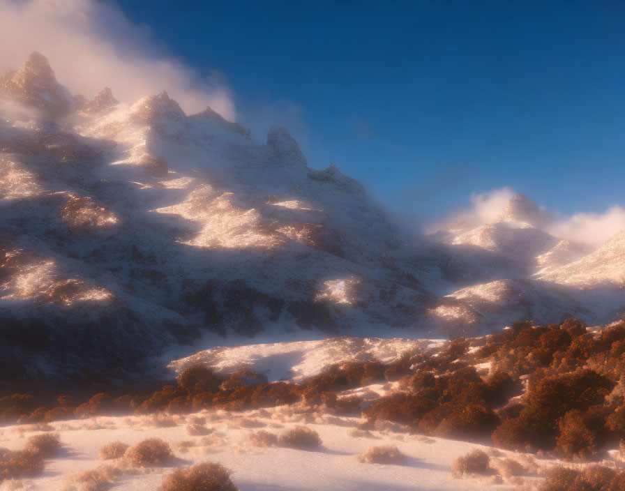 Snow-covered mountain landscape with golden light and wispy clouds.