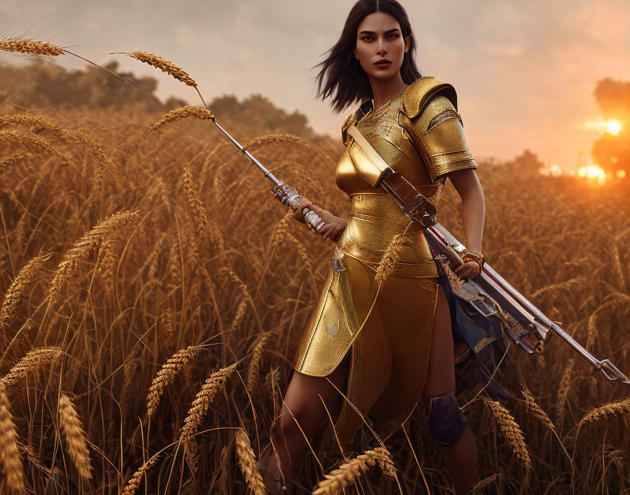 Warrior woman in golden wheat field at sunset with spear and armor