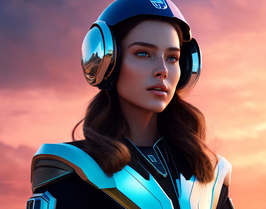 Futuristic female character in 3D-rendered suit at sunset