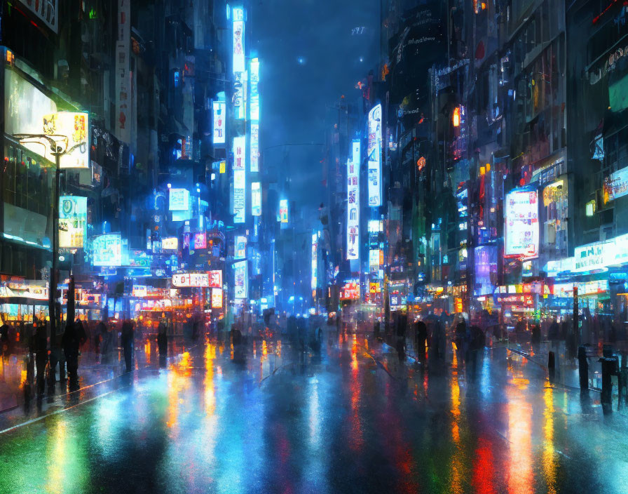 Neon-lit cityscape on a rainy night with vibrant reflections.