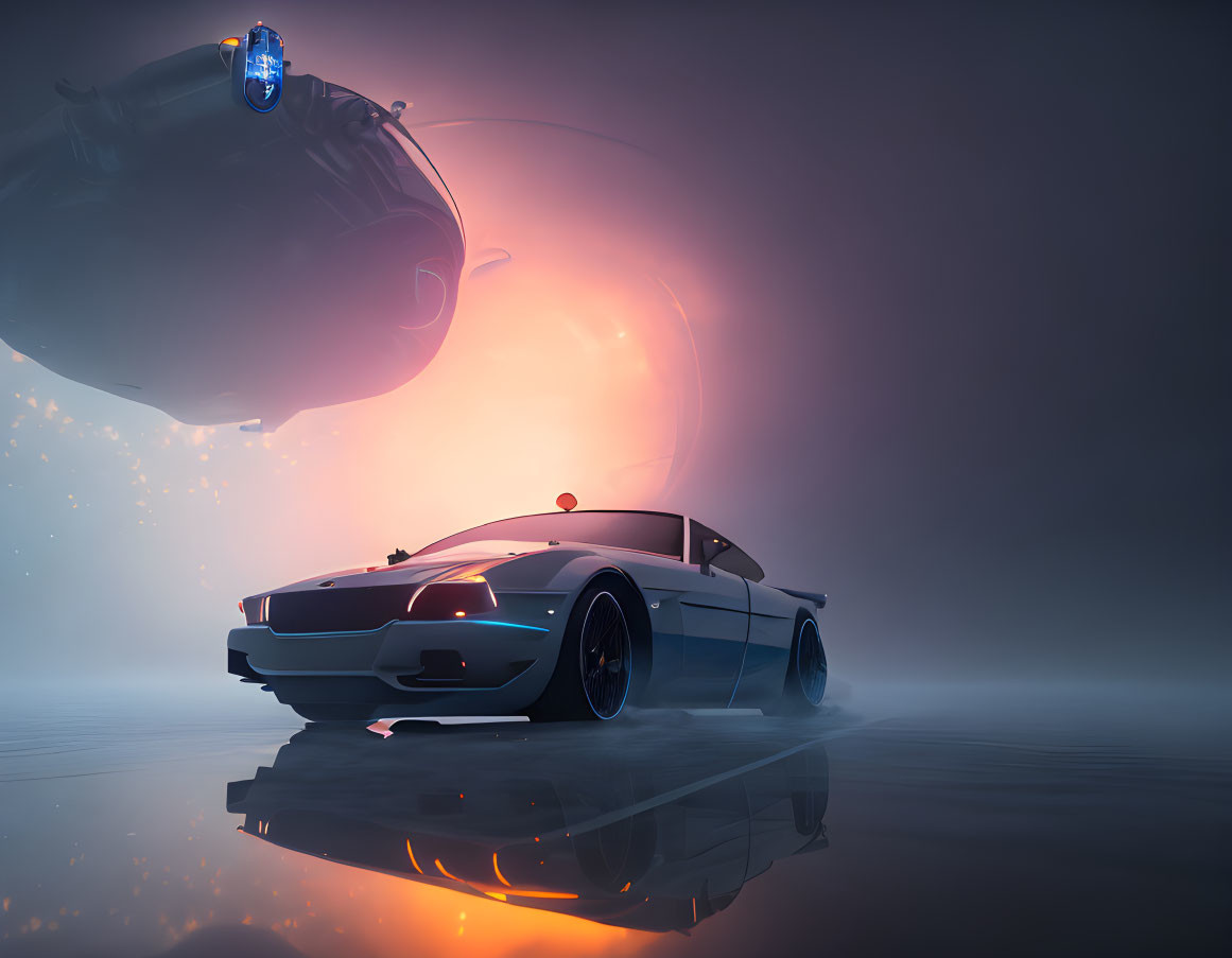 Futuristic sports car and spacecraft in sci-fi setting