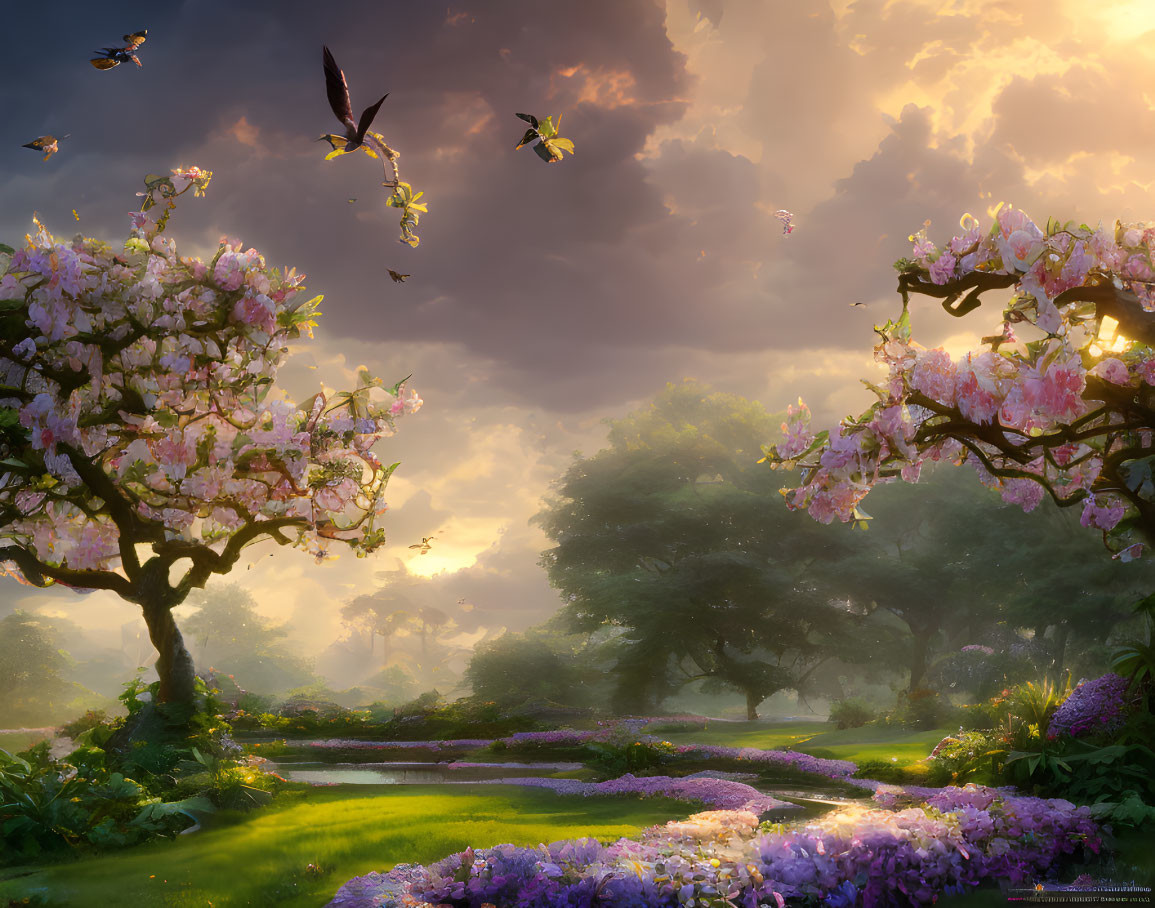 Tranquil Cherry Blossom Landscape with Flowers and Birds