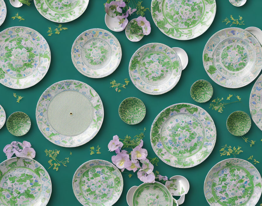 Vintage Floral-Patterned Ceramic Plates and Saucers on Dark Green Background