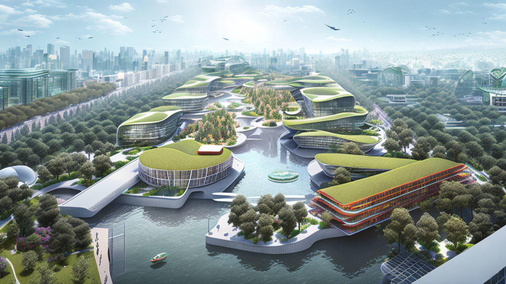 Green-roofed buildings and waterways in futuristic cityscape with lush parks and clear sky showcasing sustainable
