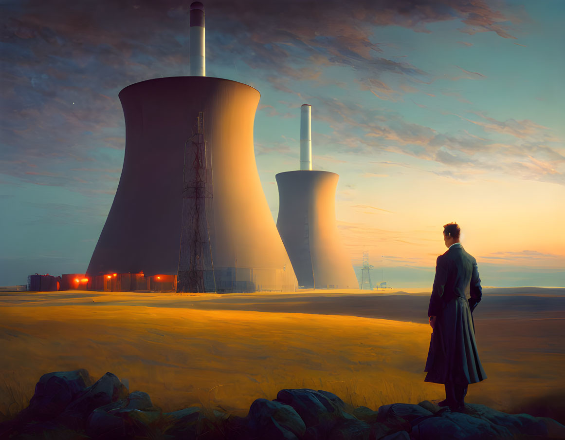 Person in coat watching nuclear cooling towers at sunset