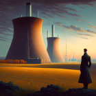 Person in coat watching nuclear cooling towers at sunset