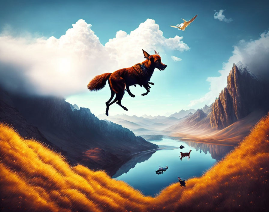 Fox leaping over valley with river, birds flying, mountains in background