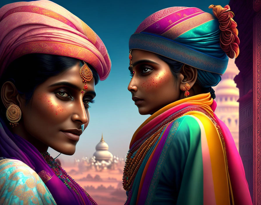 Traditional Indian Attire: Two Women in Colorful Turbans and Jewelry