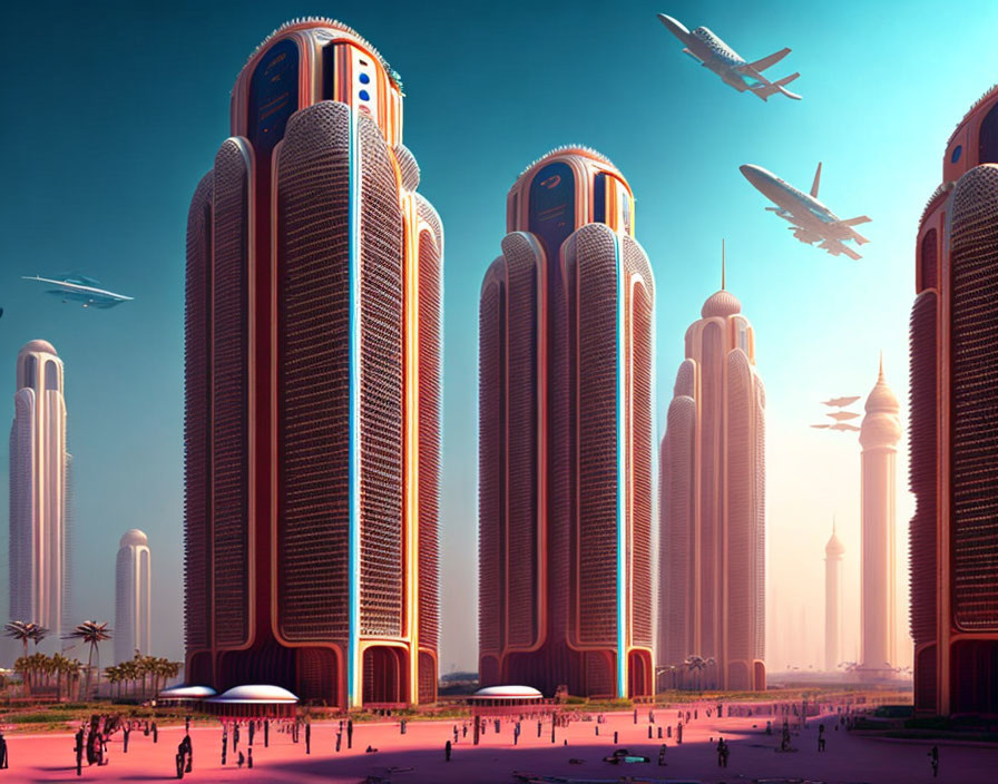 Futuristic cityscape with tall skyscrapers and airplanes in clear sky