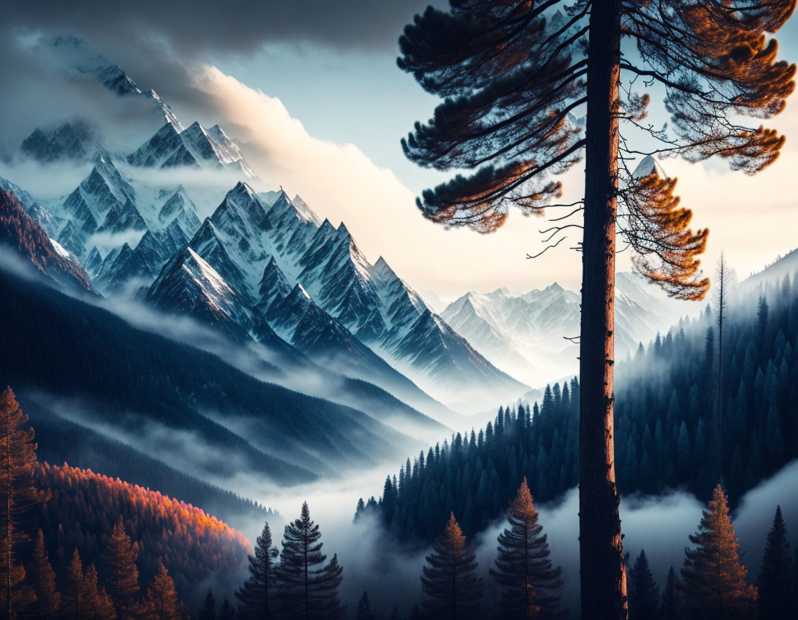 Misty Forests and Snow-Capped Mountains in Serene Landscape