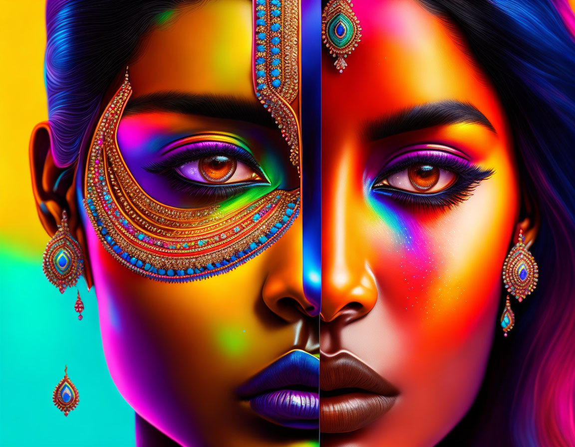 Split digital art portrait of a woman with colorful makeup and South Asian jewelry.