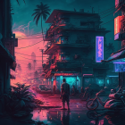 Futuristic city street scene with lone figure at dusk