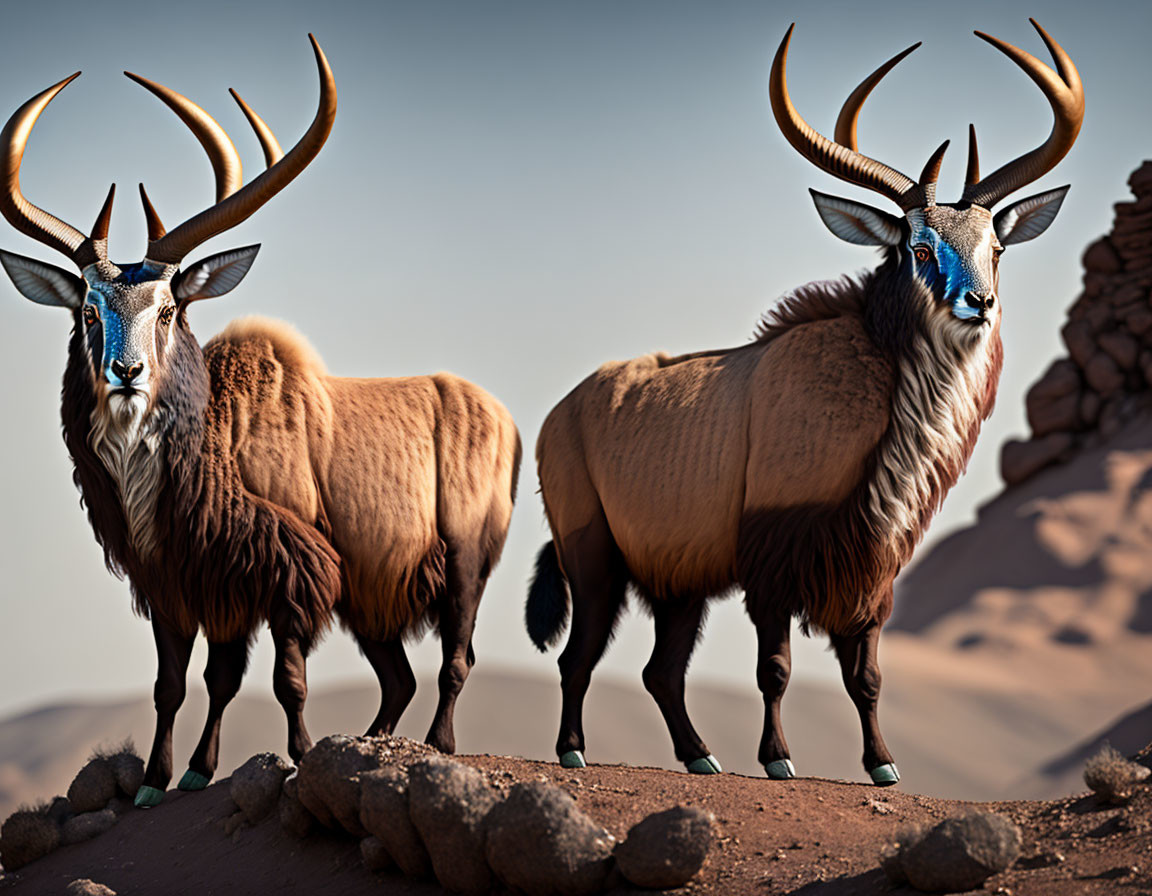 Majestic Antelopes with Spiral Horns on Rocky Terrain