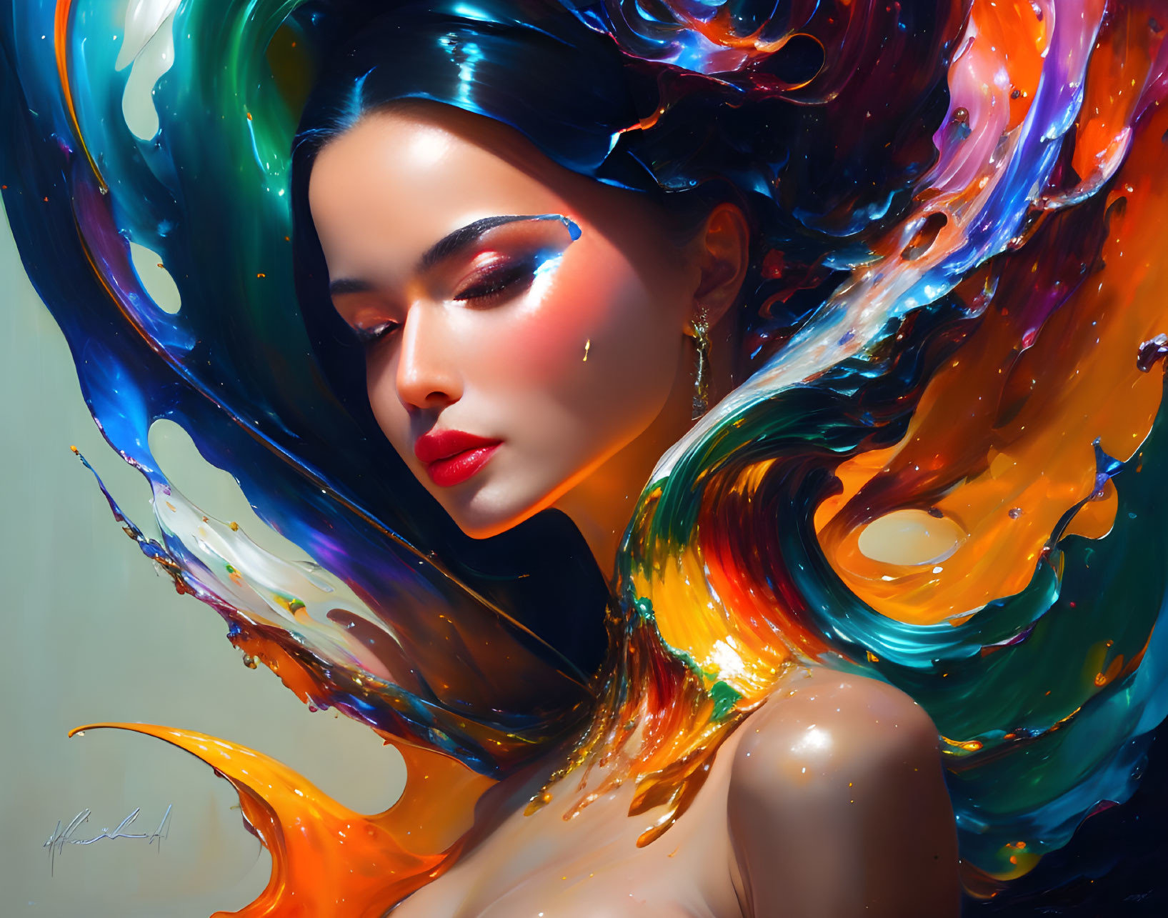 Colorful digital artwork featuring a woman with flowing swirls.