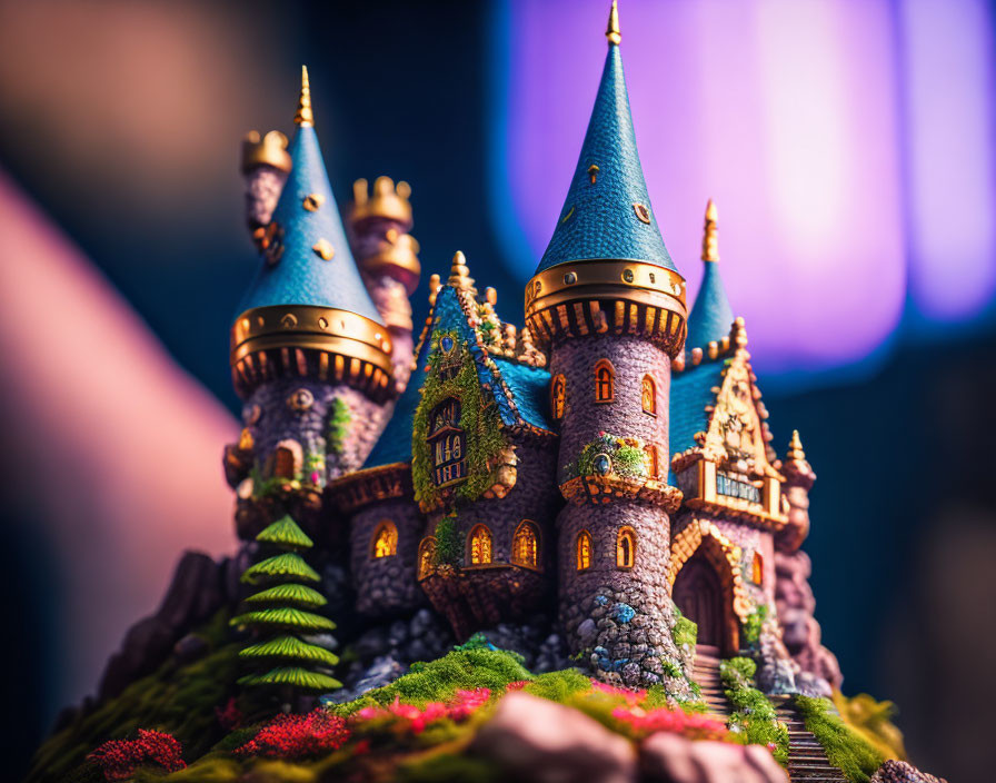 Detailed Blue-Spired Miniature Castle in Greenery on Purple Background