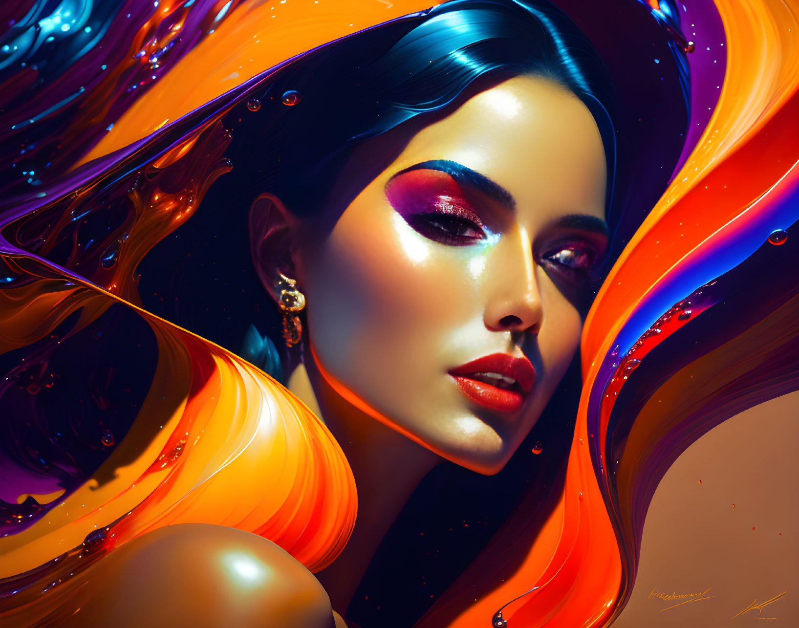 Colorful Digital Artwork: Woman with Flowing Hair-Like Shapes