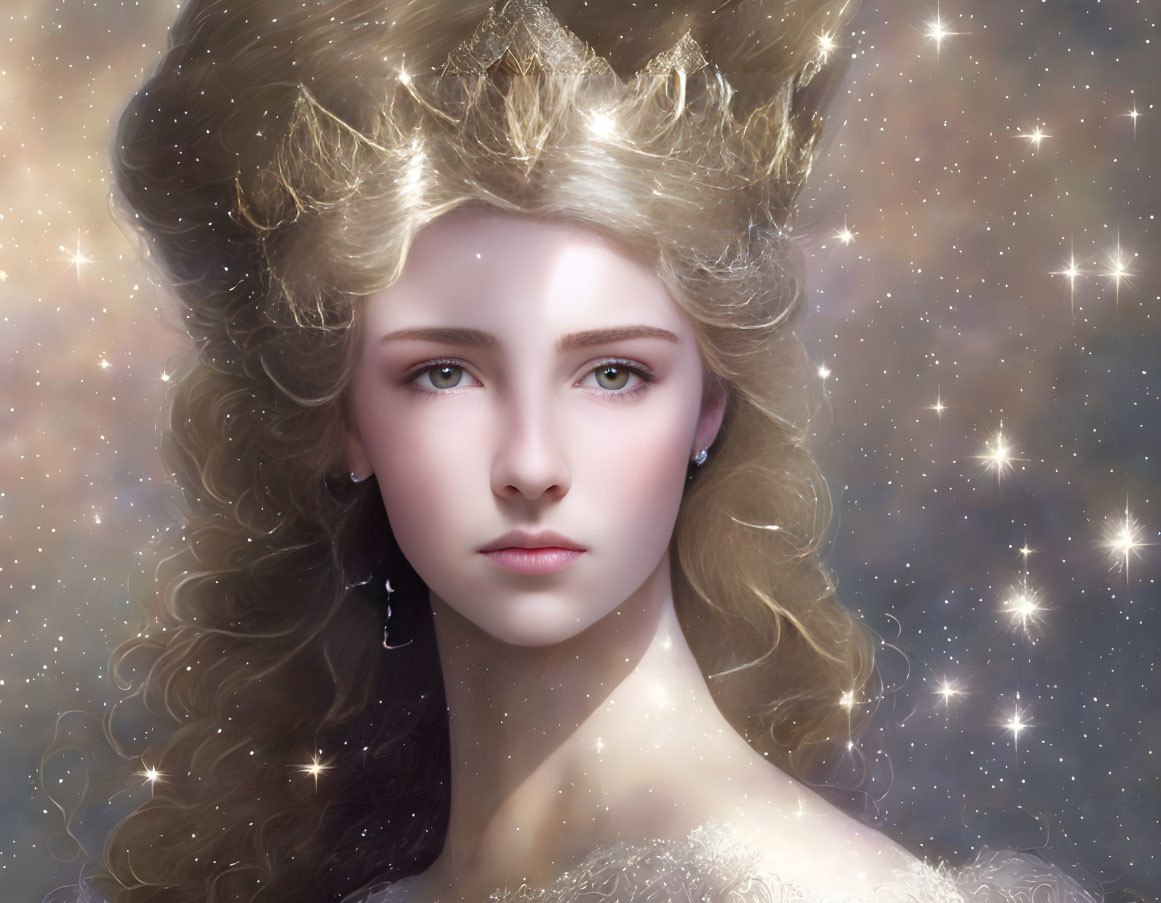 Celestial-themed portrait of a woman with curly hair and tiara