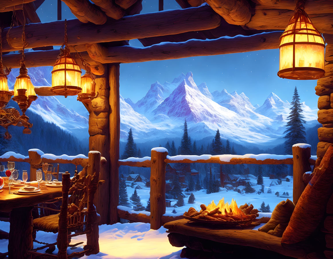 Warmly lit mountain lodge with fireplace, snowy landscape, and evening sky view