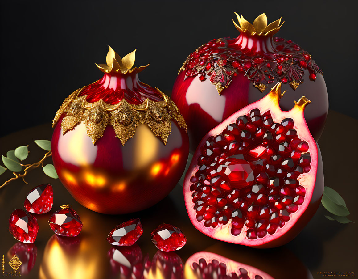 Ornate jewel-encrusted whole and sliced pomegranates with loose gems and leaves