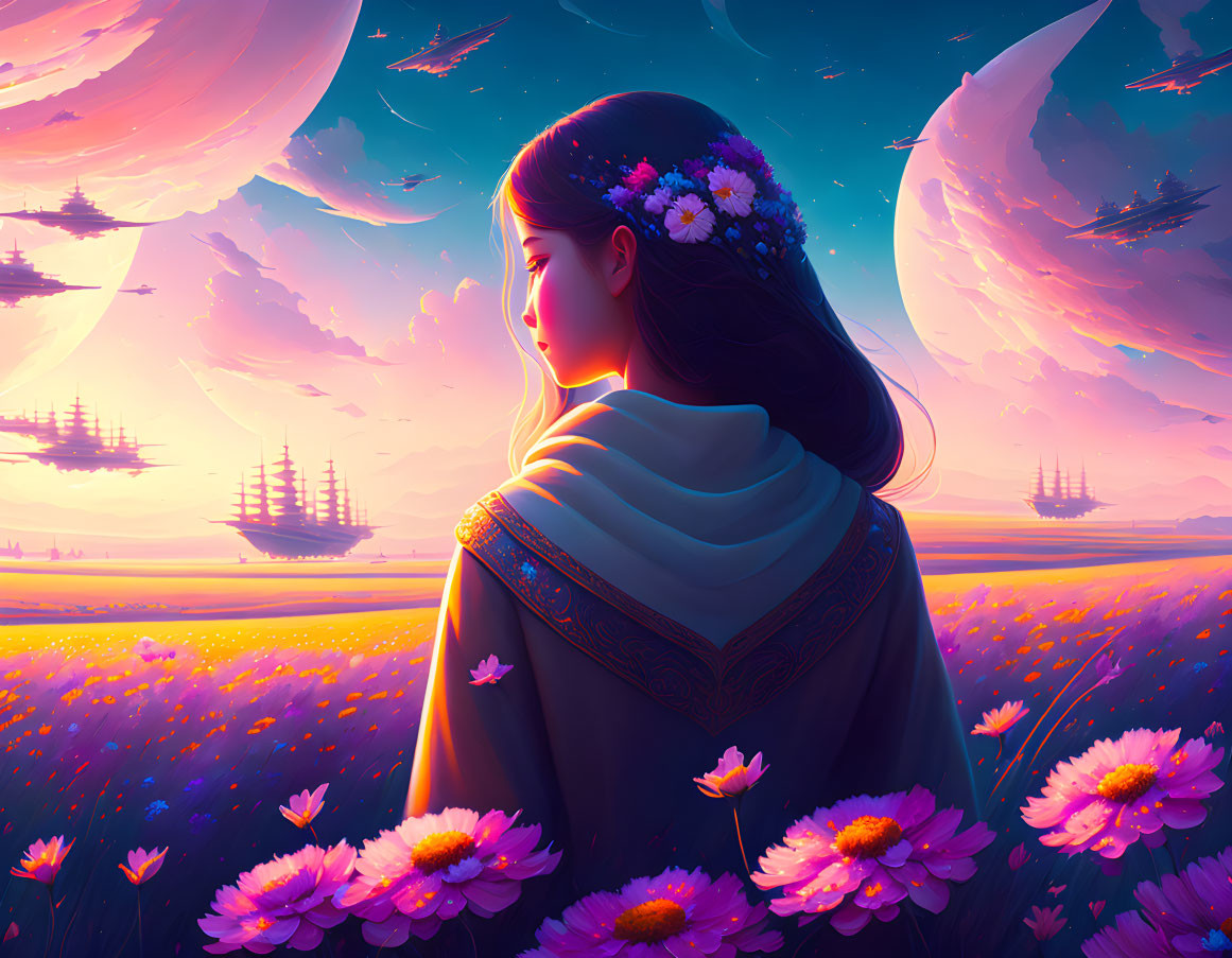 Illustration of woman with flowers in hair overlooking purple field and sky with floating islands.