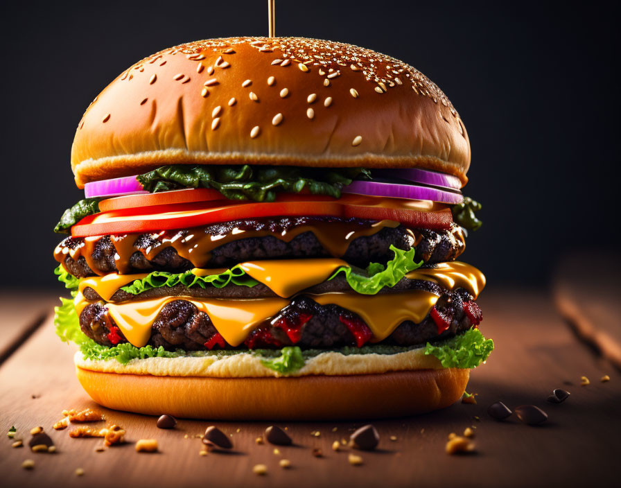 Double Cheeseburger with Lettuce, Tomato, Onions, Melted Cheese on Sesame