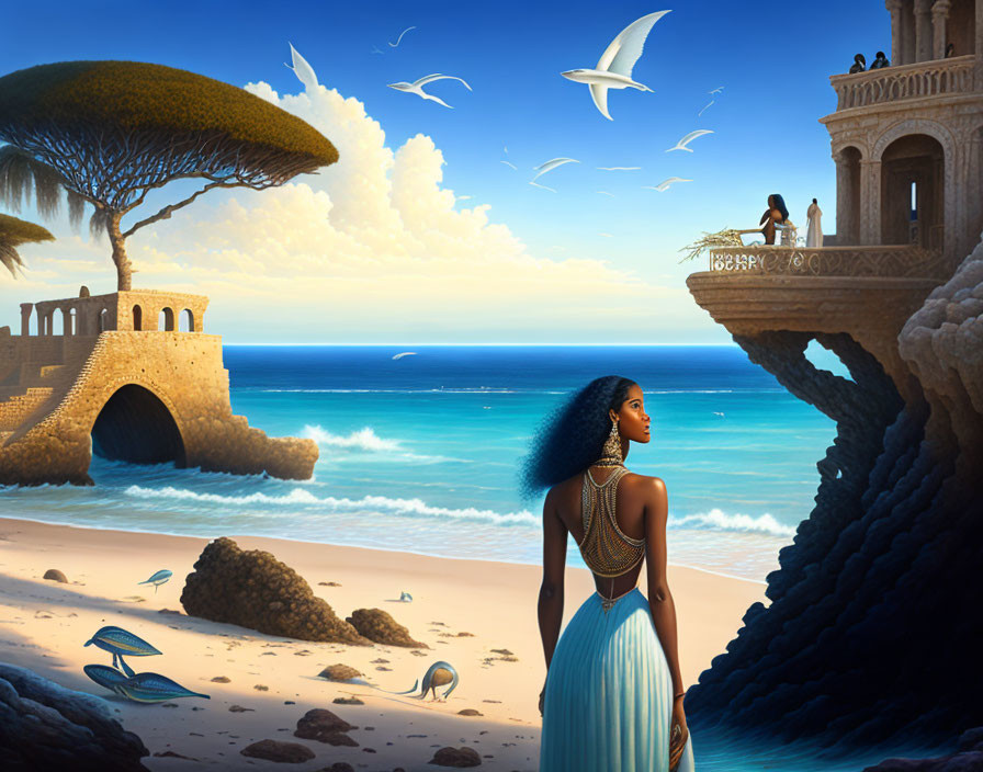 Woman in Blue Dress Observing Surreal Coastal Scene