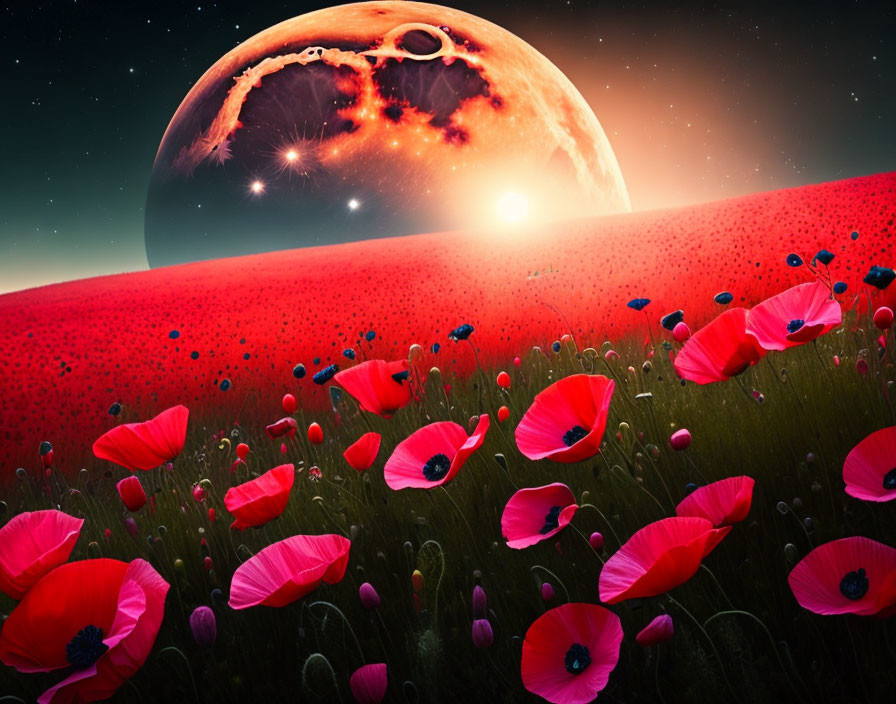 Red poppies field under starry sky with mysterious planet and cosmic event