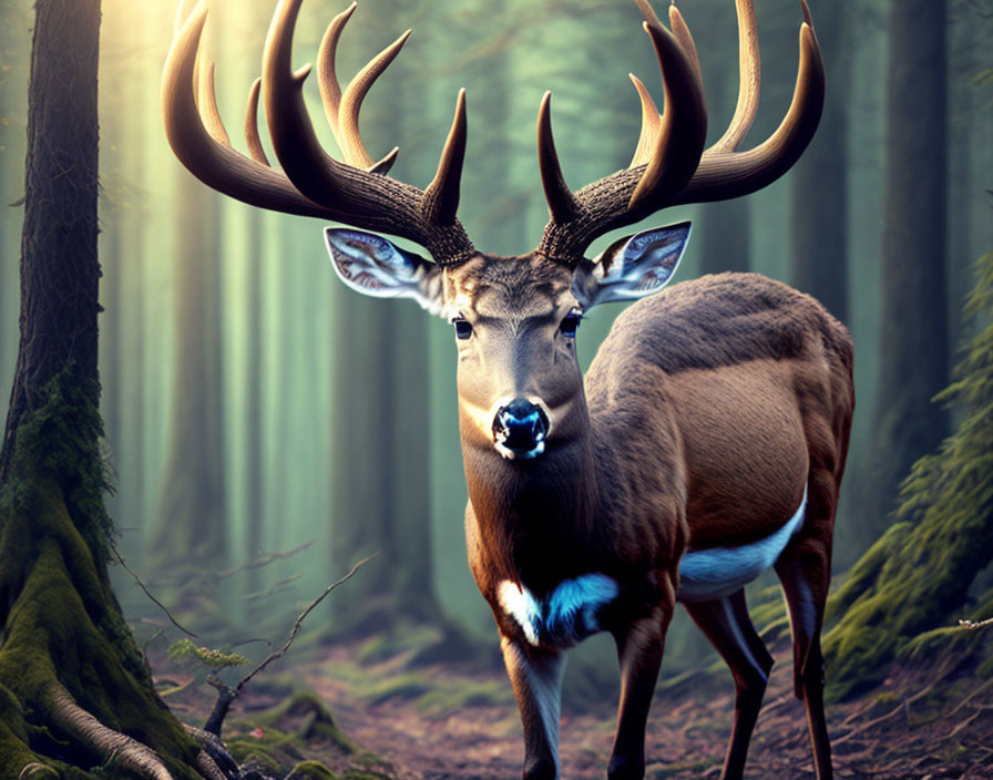 Majestic deer with large antlers in misty forest with sunbeams