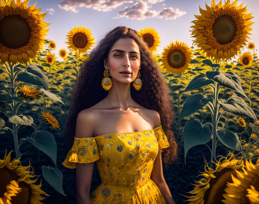 Woman in yellow off-shoulder dress surrounded by sunflowers under blue sky