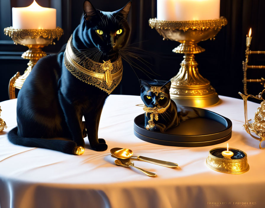 Black Cat with Yellow Eyes in Gold Jewelry on Luxurious Dark Setting