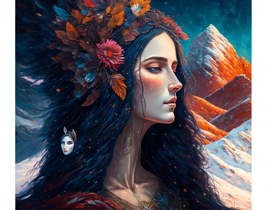 Woman with Blue Skin and Autumn Adornments Against Snowy Mountain